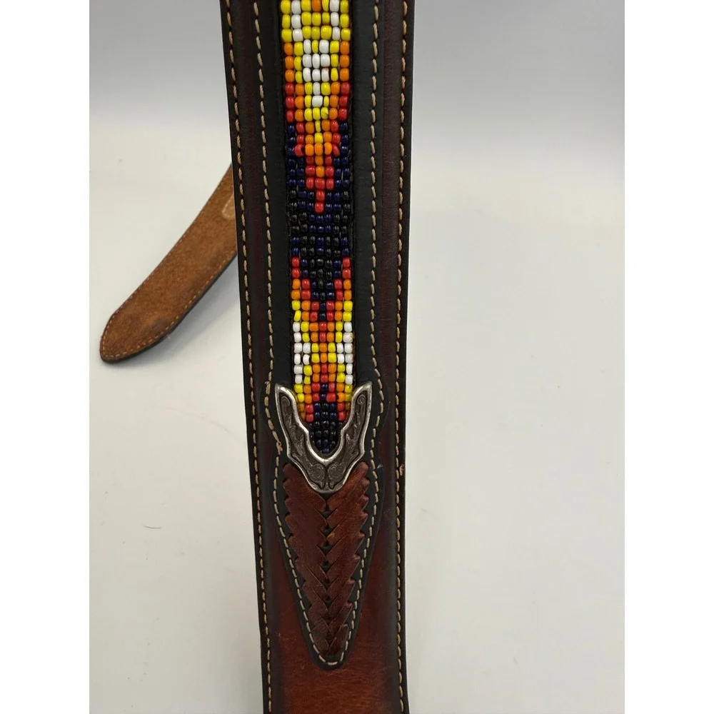 Justin Mens Leather Belt Beaded Western Style‎ Silver Buckle Black Yellow Red